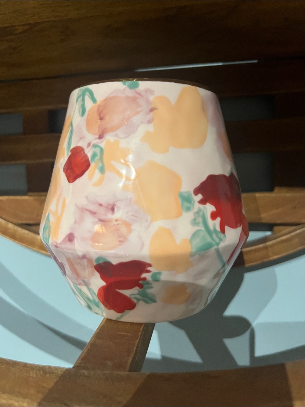Anthropologie White Ceramic Cup with Red and Green Floral Accents